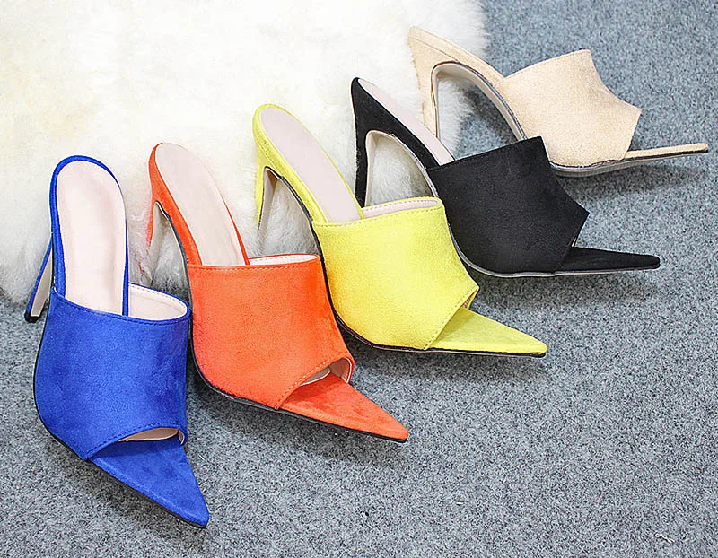 Summer Style Women High Heels Mules Pointed Toe Sexy Women Slides Female Thin High Heels Female Outdoor Slippers