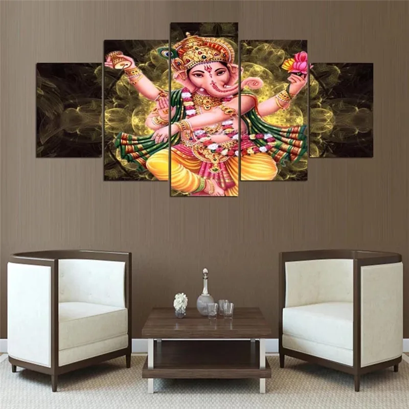 Elephant God Canvas Wall Art Lord  Ganesha Posters Buddha Pictures 5 Panel Cuadros Modern Room Decor Religion Indian Paintings