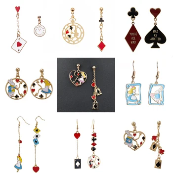 

Alice Wonderland Princess Rabbit Bunny Asymmetric Drop Earring Clock Poker Card Enamel Women's Earrings Fashion Jewelry for Girl