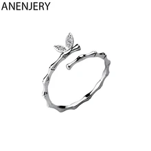 ANENJERY, Милые простые кольца с бабочкой, цирконием, бамбуковым слоем, 925 пробы, серебряные Регулируемые кольца для женщин, ювелирные изделия, S-R525