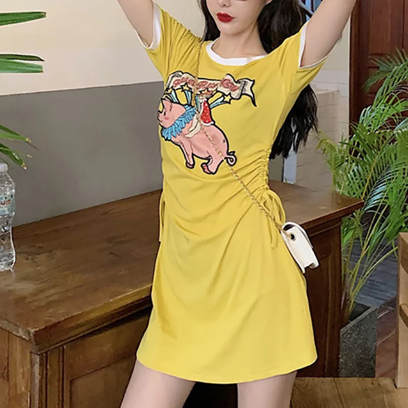 X летнее платье для женщин с круглым воротником и коротким рукавом vestidos тонкая талия патч мультфильм Свинья футболка свободные платья средней длины