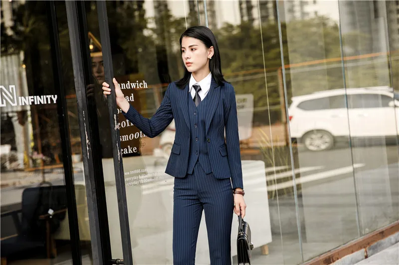 Fashion Striped Women Blazers Jackets Coat Business Work Wear Autumn Winter Uniform Styles Female Tops Outwear Clothes
