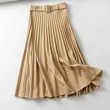 Новые осенние повседневные офисные женские плиссированные юбки, винтажная однотонная облегающая юбка с поясом, Шикарные Длинные юбки с поясом