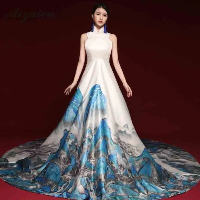 Новое шоу на сцене Длинные Cheongsam современный Nation Wind/хост Qi Pao Для женщин Восточный вечернее китайское платье-Ципао Chinoise белый наряд со шлейфом платье