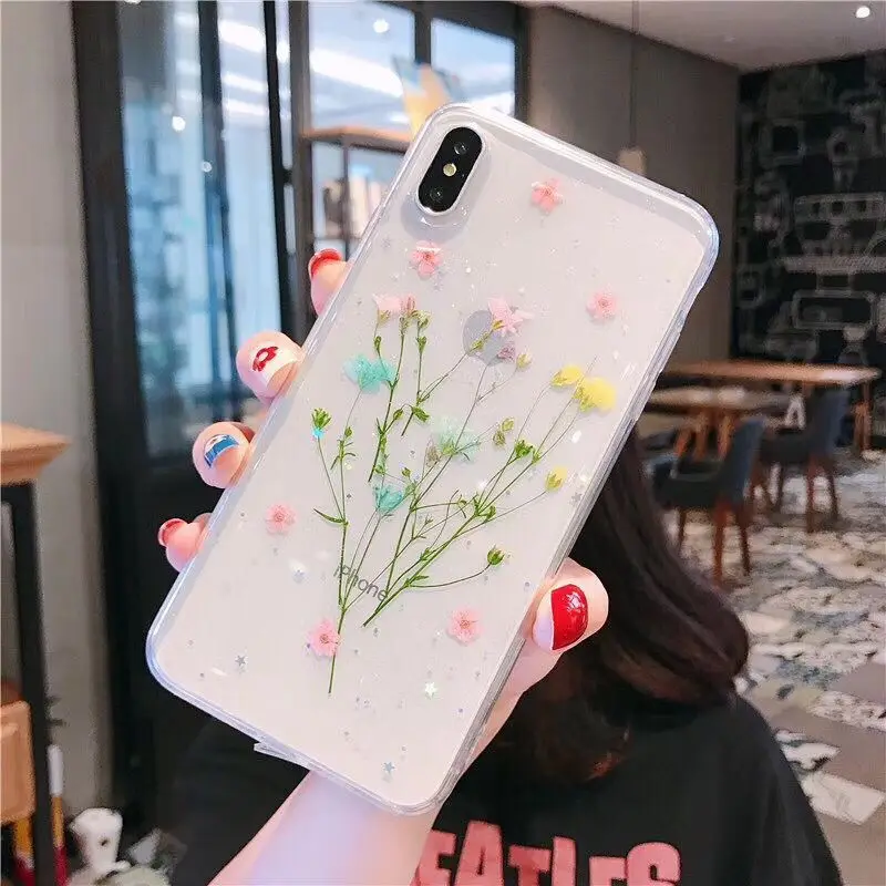 Настоящие сухие цветы чехол для телефона для iPhone X XR XS Max 7/8 8 Plus ручной работы телесный цветок мягкий прозрачный ТПУ чехол для телефона - Цвет: 14