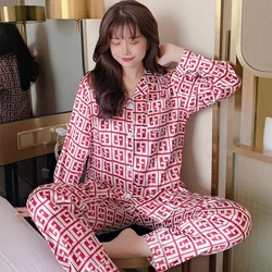 Pajamas for Women 2022 Spring Autumn Women's Silk Pyjamas Long Sleeve Loose Print Thin Women Sleepwear Set Long Pants Home Wear