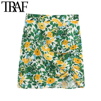 

TRAF Women Chic Fashion Floral Print Draped Mini Dress Vintage High Waist Side Zipper Female Skirt Faldas Mujer