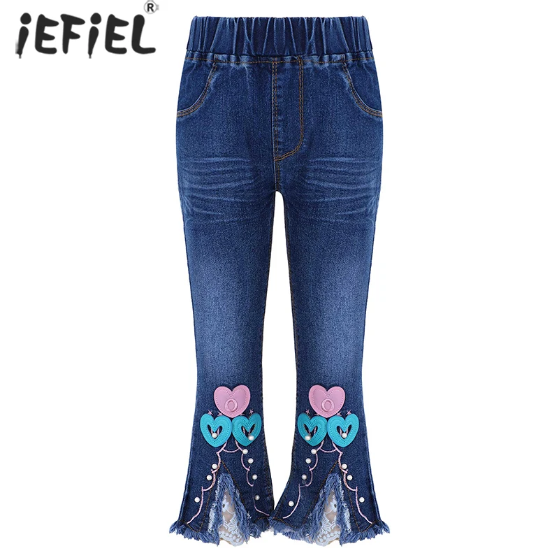 

Spring Girls Denim Flare Pants Ripped Tassel Hem Toddlers Kids Elastic Jeans Bell-bottomed Long Pants Korean Children Trousers