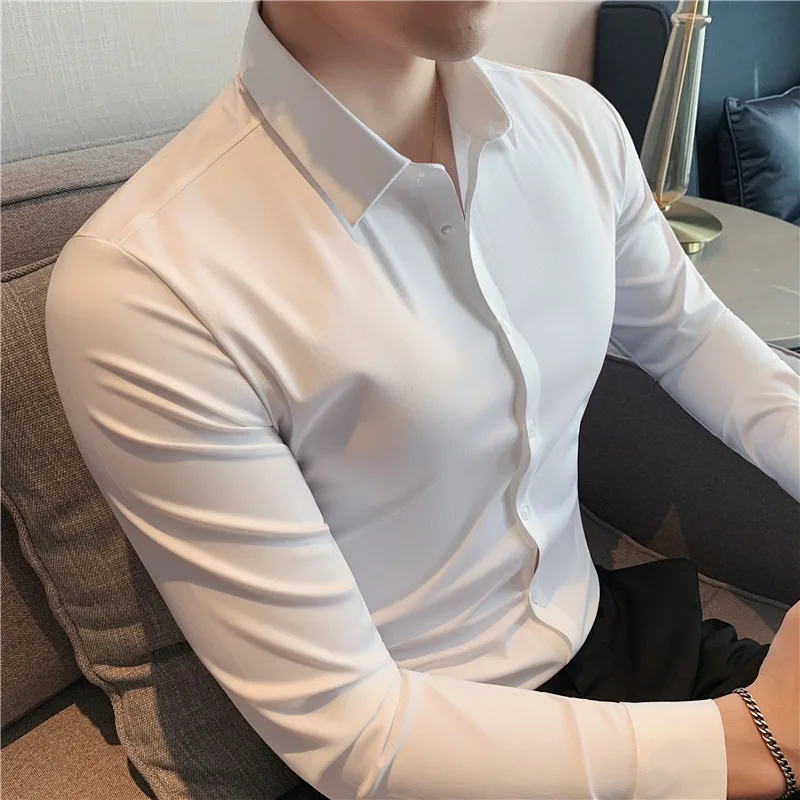 Camisas De Hombre Big Size High Elastic Drape Shirts for Men Korean Luxury Clothing Slim Fit Casual Social Shirt Dress 4XL