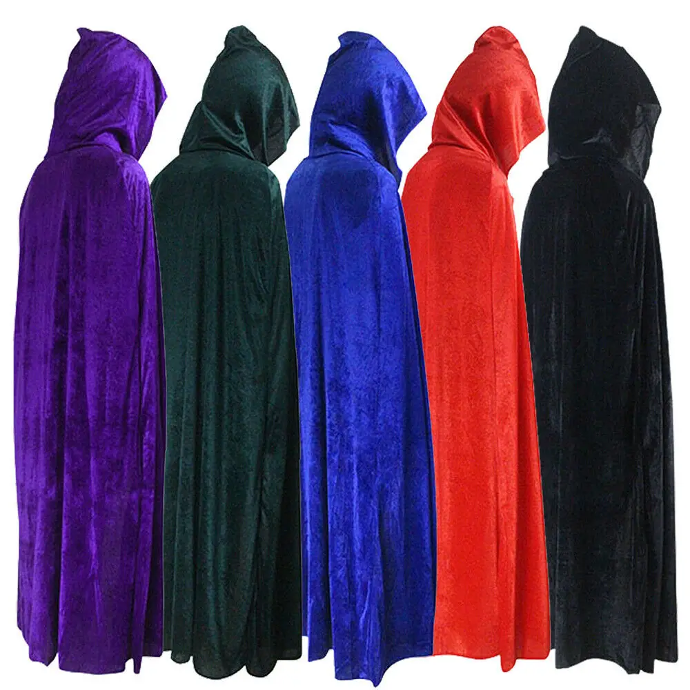 Adult Halloween Velvet Cloak Cape Hooded Medieval Costume Witch Wicca Vampire