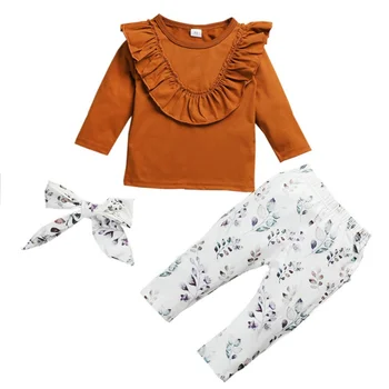 

Three Piece Baby's Sets T-Shirt Pants Hair Band Girls Ruffled Round Neck Long Sleeve Top Print Trousers New