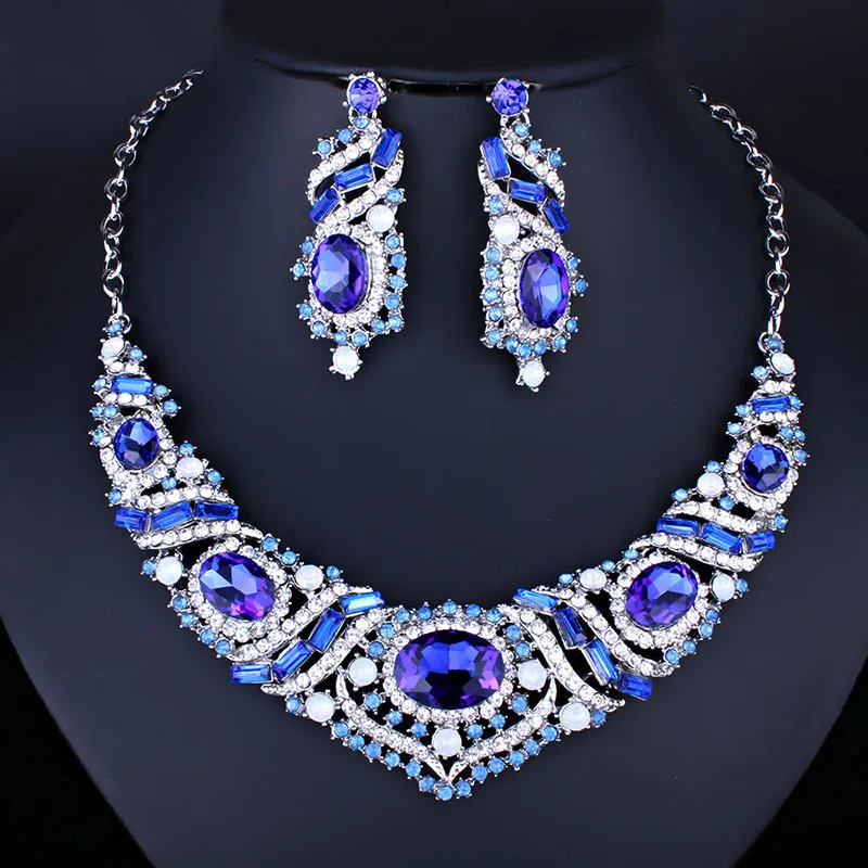

2 PCS / SET Fashion Fully Sparkling Rhinestone Necklace Earrings Wedding Party Jewelry Set for Brides Women's Crystal Jewellery