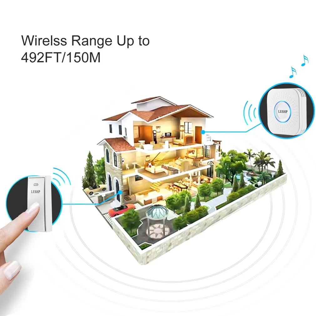 Hot/LESHP Easy to Install Music Wireless Doorbell 150M Long-distance Remote Control Night Light 58 pieces of Chord Music