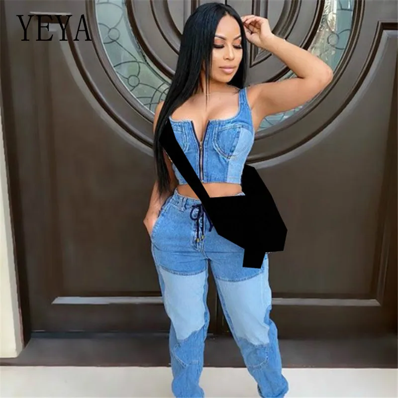

YEYA Denim Patchwork Women's Set Zipper Crop Tops High Waisted Jeans Suit Tracksuit Classic Two Piece Set Casual Fitness Outfit