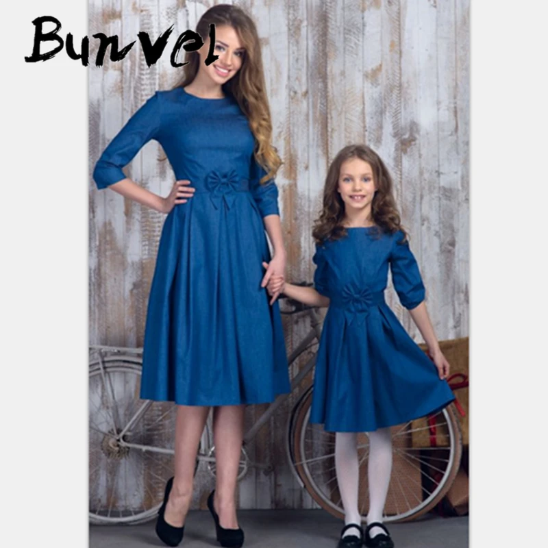 Bunvel/Семейный комплект платьев для мамы и дочки одежда с бантом для мамы и дочки осеннее платье с круглым вырезом для мамы и дочки Семейный комплект 5