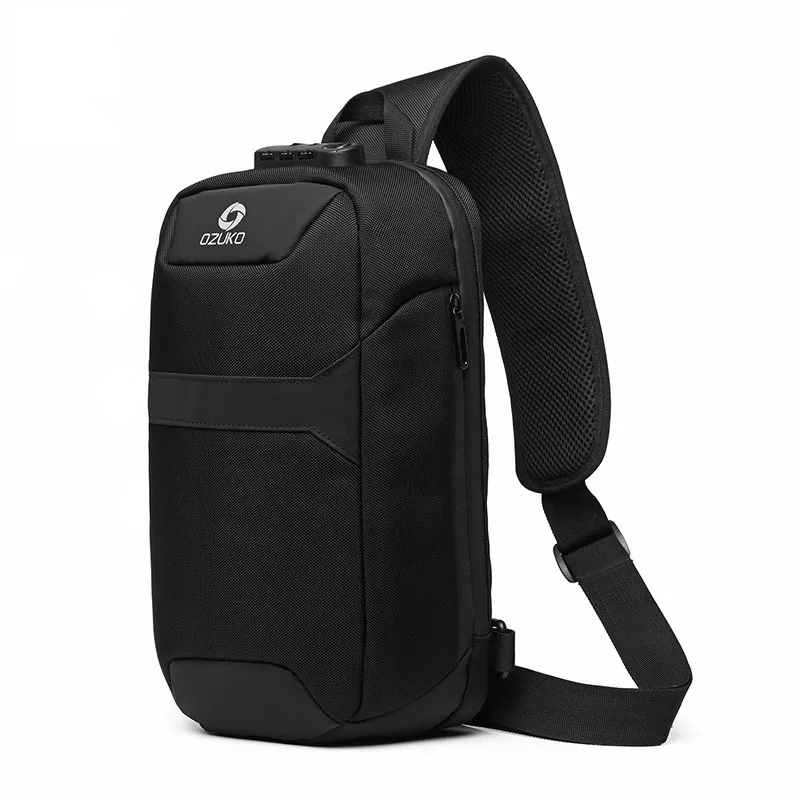 OZUKO Men's Messenger Bag Antitheft Waterproof USB Recharging Shoulder Crossbody Bags Chest Pack Male Sling Bag for Short Trip - Цвет: Black