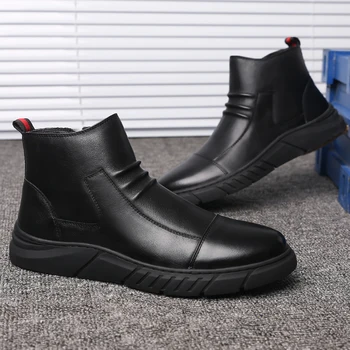 

Men shoes leather fashion High Tops Male boots Luxury Brand mens casual sneakers waterproof lace up Flats solid color shoes