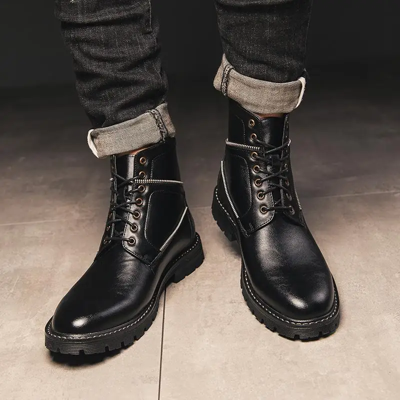 Fotwear; мужские ботинки; классические кожаные ботинки в байкерском стиле; мужская повседневная обувь; удобная прочная резиновая подошва - Цвет: Black