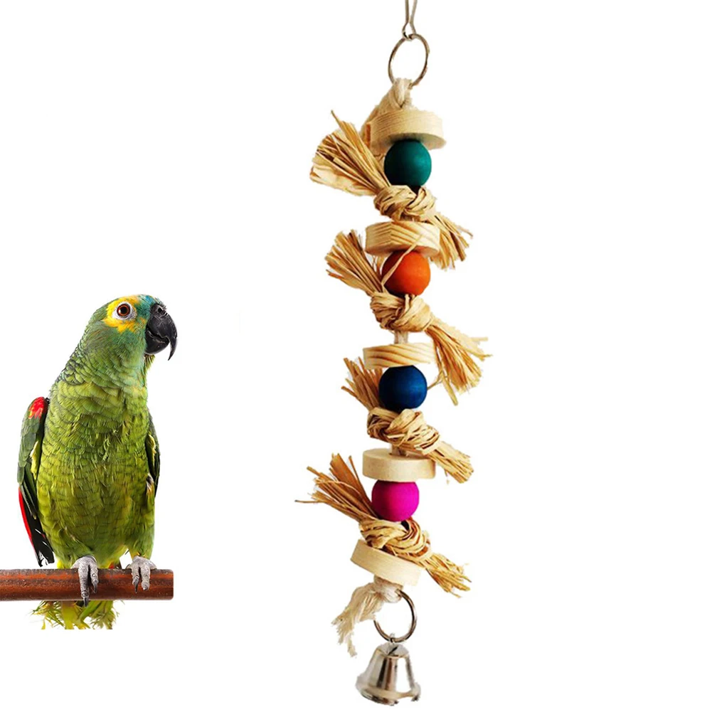 Pet Bird Parrot Wooden Beads Bell Straw Cotton Rope Hanging Cage Swing Chew Toy