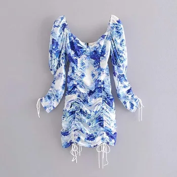 

2020 Flower Printed Blue Dress Square Collar Fashion Sexy Mini Dress Holiday and Vocation Slim Dress Women TG