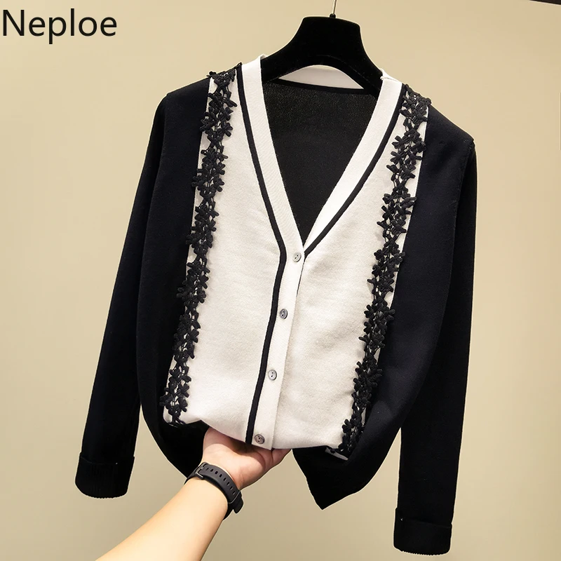Neploe/модный вязаный кардиган с кружевной строчкой, женский цветной контрастный тонкий свитер с v-образным вырезом и длинными рукавами, свитер-накидка 54890