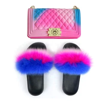 

Ladies Fox Fur Slippers with Jelly Bag Set Matte Rainbow Transparent PVC Bag Crossbody Durable Summer Shoulder Bag Purse Flap