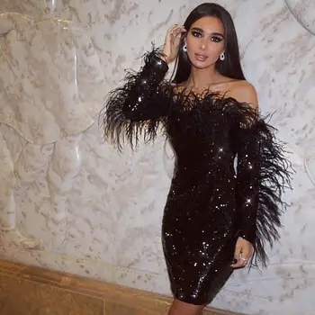 

vestidos de fiesta de noche Black Stunning Evening Dresses Short Sheath Prom Dress Feather Sequins Full Sleeve vestido de curto