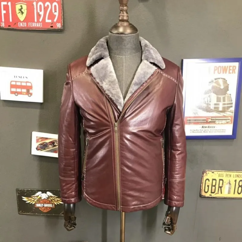 Wine red Зимнее мужское плотное шерстяное пальто из овчины, тонкое офисное пальто из овчины, пальто из овчины, кожаное пальто - Цвет: Wine red