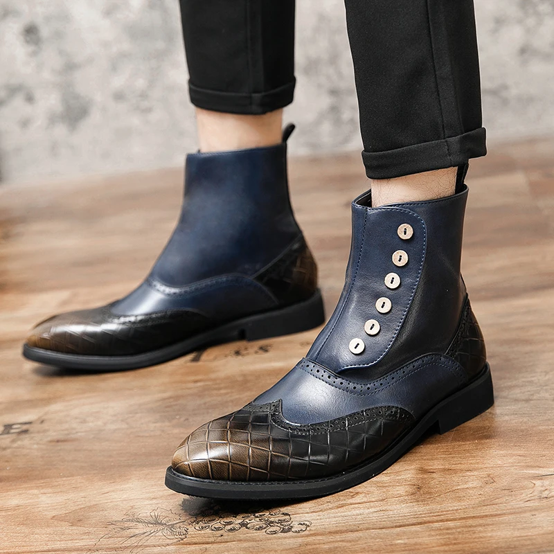 

Men's Chelsea Boots buckle Leather Casual Shoes Male British Style Wedding Dress Short Boot For Man Zapatos Hombre big size 48