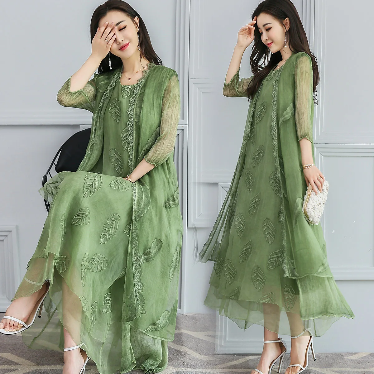 

Ethnic-Style Summer New Style 2019 WOMEN'S Two-piece Suit Dress Mid-length Loose-Fit Cover Meat Improved Cheongsam Skirt