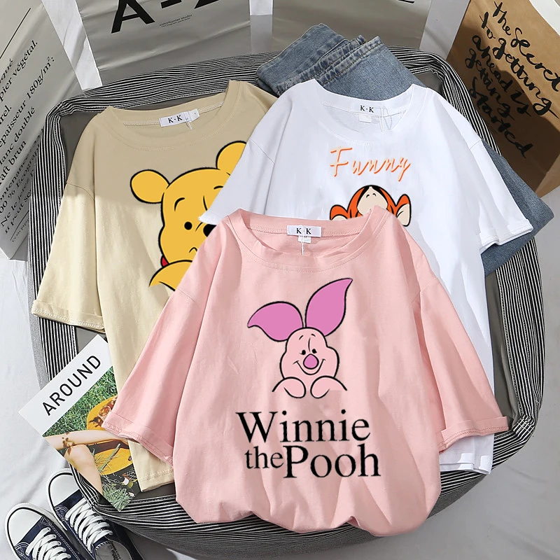 Disney Women's T-shirts Pooh Bear Ulzzang Fashion Winnie Oversized Cartoon White Kawaii Tops Crop Teens For Girls Family Look | Женская