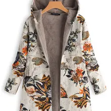 NXH винтажное пальто с цветочным принтом Женская осенне-зимняя куртка с капюшоном плюшевые пальто свободные размеры шерстяные смеси