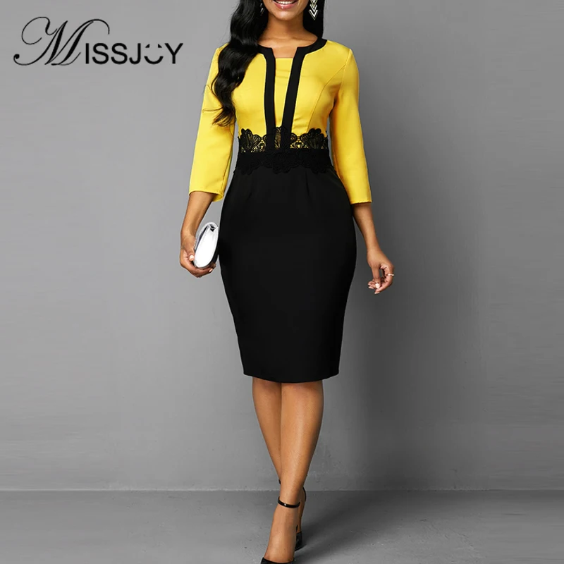 MISSJOY размера плюс одежда O-Neck Бизнес Офис высокая талия лоскутное карандаш Формальные Элегантные женские платья осень до колен