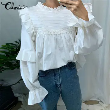 

Vintage Casual Long Flare Sleeve Loose Blouses Women Celmia Solid Ruffles Sweet Retro Tops and Shirt Ladies Elegant Blusas Mujer