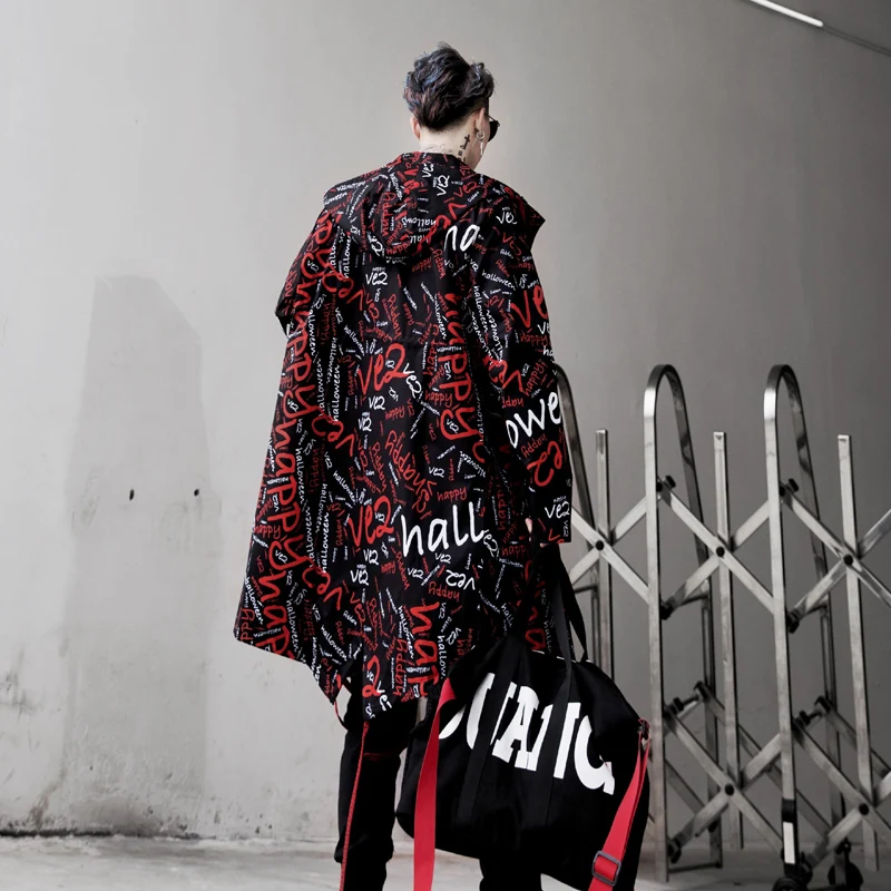 Удлиненная мужская куртка-Тренч с буквенным принтом, модная ветровка Harajuku, пальто для ночного клуба, мужская повседневная верхняя одежда