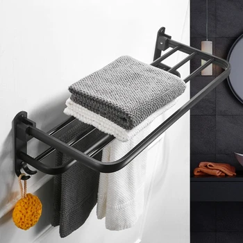 

1Set Space Aluminum Black Towel Rack Wall Mounted Folding Towel Holder Storage Shelf with Hook Bathroom Shower Room Accessories