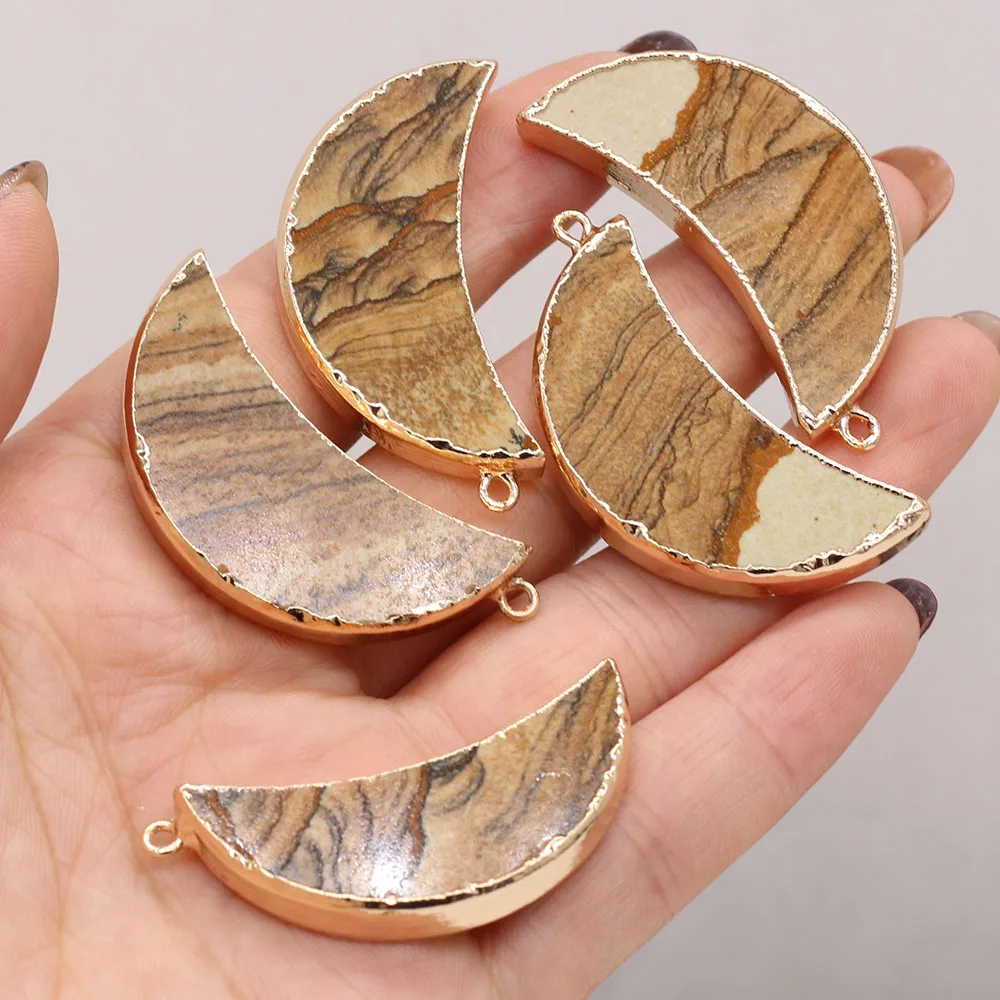 6PCS Wholesale Crescent Shape Natural Picture Stone Gilt Edge Pendant Crafts Making DIY Necklace Earring Charm Jewelry Gift