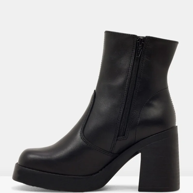 Ceny Czarne krótkie kozaczki na platformie grube wysokie obcasy zamek duży rozmiar 44 45 damskie buty zimowe buty ciepła moda kwadratowy nosek Shofoo