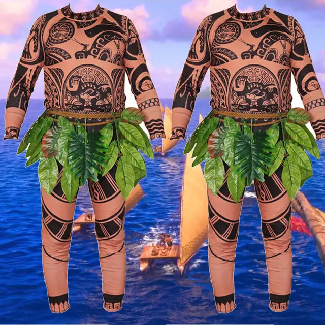 Ruewey Fantasia de Halloween para adultos, cosplay, fantasia de Moana Maui,  conjunto de camisetas e saias de folhas, Marrom, Small : : Moda