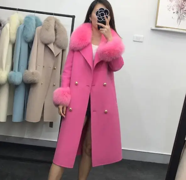 Rose red Высококачественный Женский Длинный свободный шерстяной плащ с воротником из натурального Лисьего меха, Женская Мягкая двусторонняя шерстяная Верхняя одежда с поясом - Цвет: Rose red