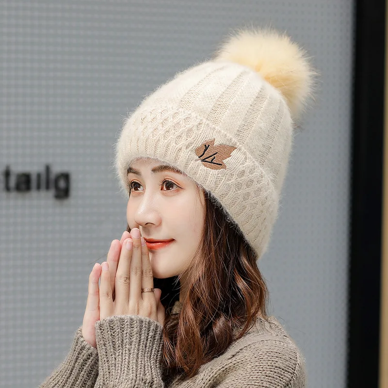 Вязаная шапка из кроличьего меха с меховым помпоном, шапка Skullie beanie, зимняя женская шапка для девочек, женская шапка