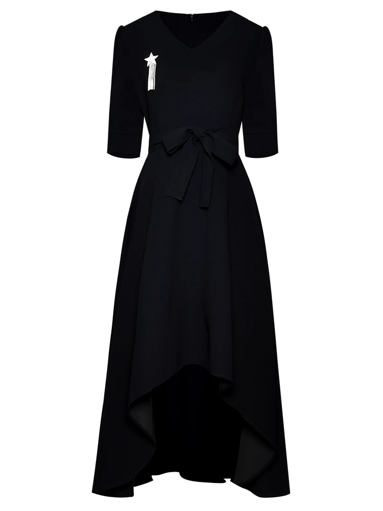 Year Fashion Women Long Dresses Half Sleeves Black Color V-Neck Tassel Tie Bow Lady Office Work Dress