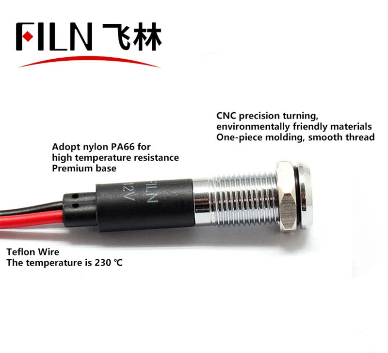 FILN 8mm 12V 24V 110V 220V Metall-LED-Pilotleuchte für Armaturenbrett, Signal- und Warnleuchte, 20cm Kabel, Chrom-Finish, für Auto, Boot, Marine – Detail 13