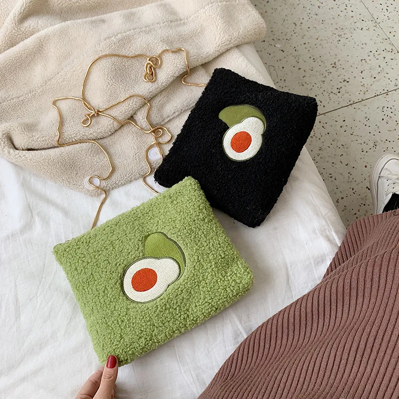 

2019 Winter New Style WOMEN'S Bag INS-Style Chain Shoulder Square Sling Bag Embroidered Avocado Pattern Furry Clutch