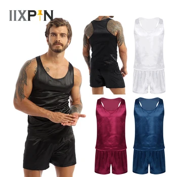 

Summer Mens Satin Pajamas Set Nightwear Sleeveless Tank Top With Shorts Sleepwear Male Leisure Nightclothes Nightgown Loungewear