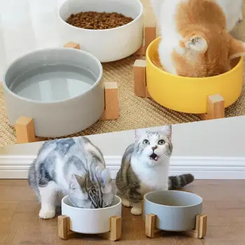 

Anti Slip Elevated Dog Cat Wooden Ceramic Pet Feeder Detachable Dog Food Cats Stand Raised Bowl Pet Feeding Supplies