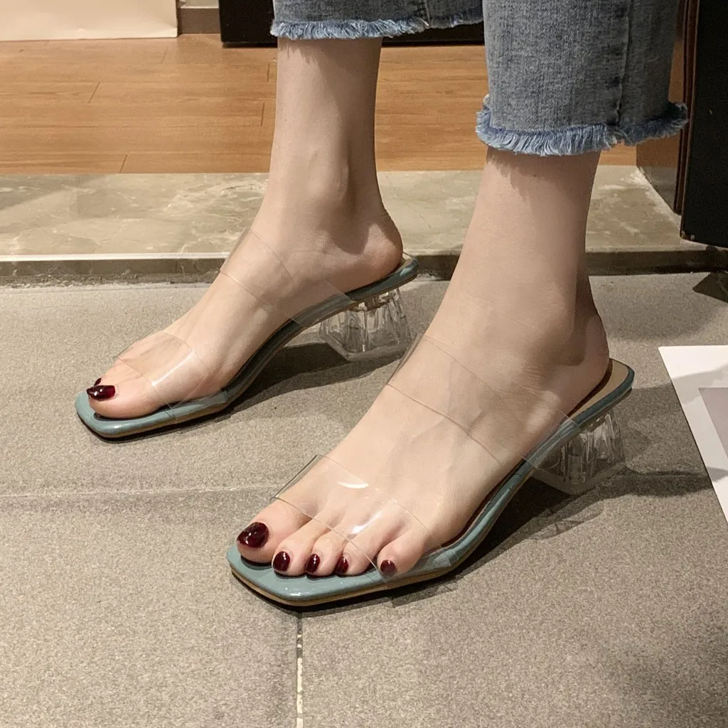 

Transparent PVC High Heel Slippers For Women Summer Beach Romantic Casual Shoes Female Elegant Sexy Wood Sole Outdoor Slipper