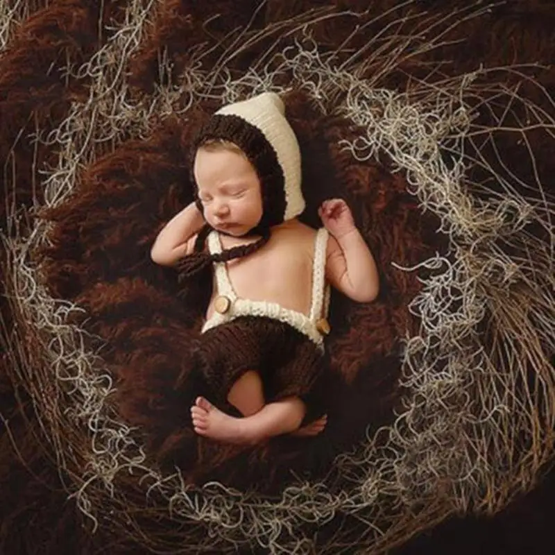 Комплект одежды для студийной фотосъемки новорожденных; комплект из 2 предметов; вязаная шапка; брюки на подтяжках; костюм для фотосессии
