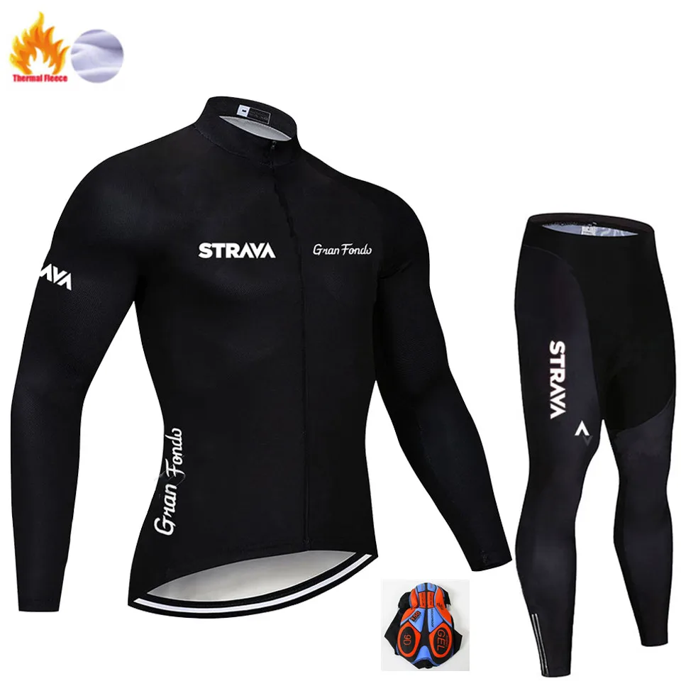 Winter Cycling Suit STRAVA Велоспорт Джерси зимний теплый флис с длинным рукавом набор 9D гель нагрудник брюки Майо Ropa ciclismo Hombre велосипед одежда - Цвет: Winter Cycling Suit