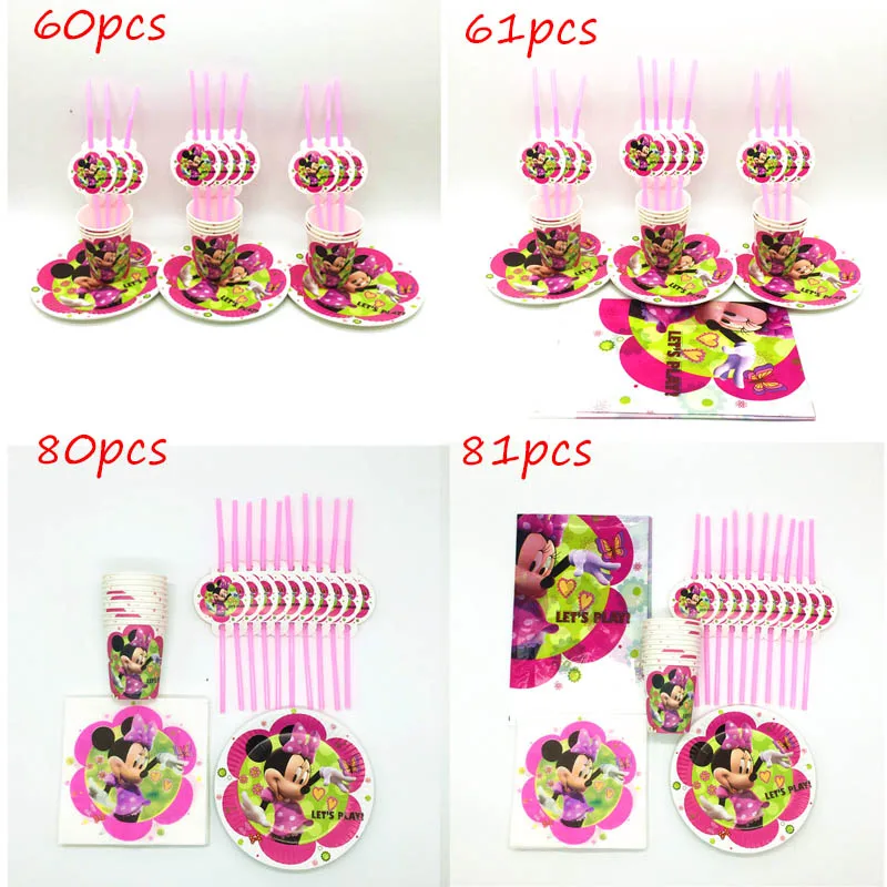 

81 pcs\lot Kids Favors Plates Birthday Party Baby Shower Napkins Cartoon Minnie Mouse Tablecloth Cups Decoration Straws Supplies